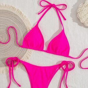 NWT Hot Pink Becca Triangle Bikini Top (M) & String Side Tie Bikini Bottoms (L)